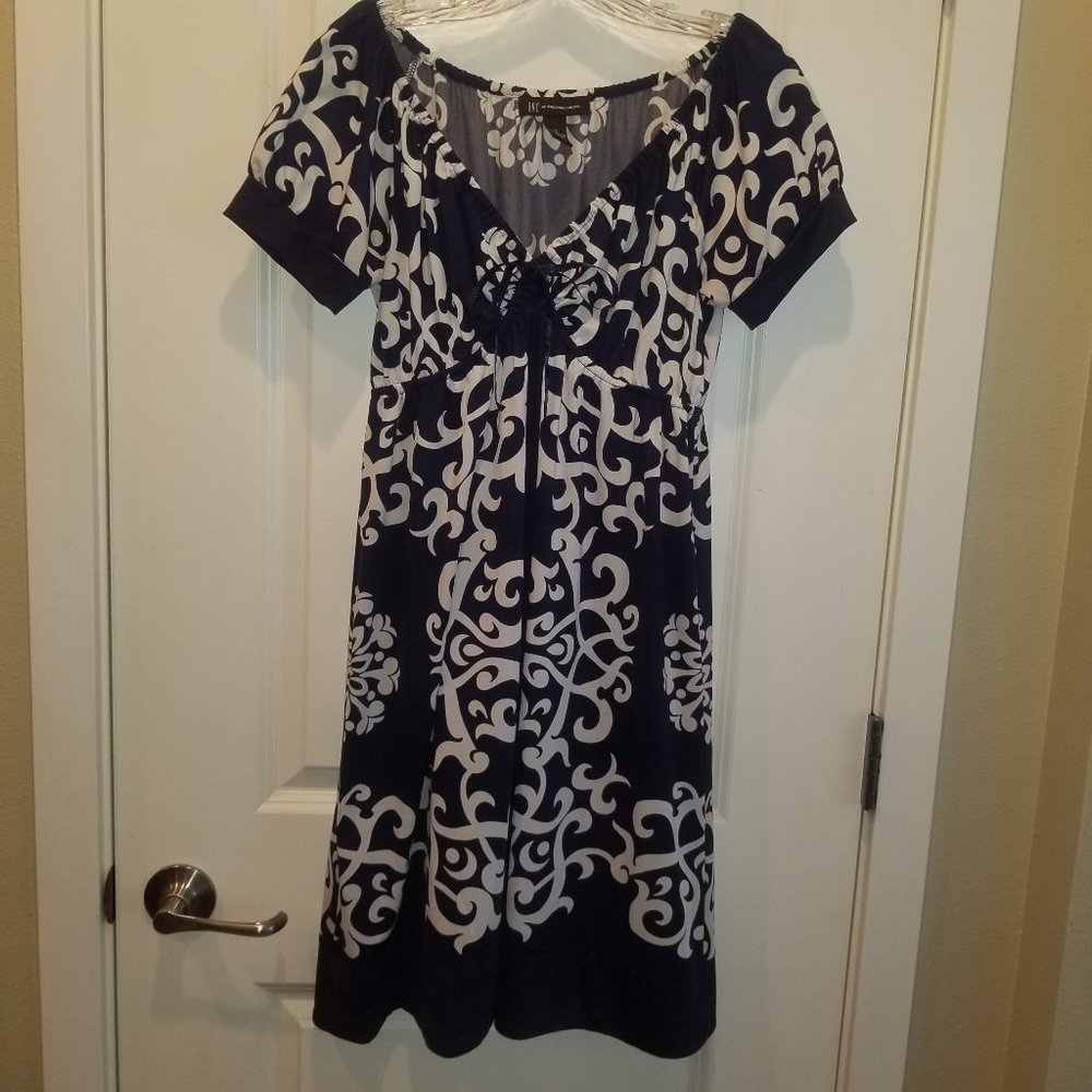 INC Navy and White Large Scroll Print SS Short Dress M